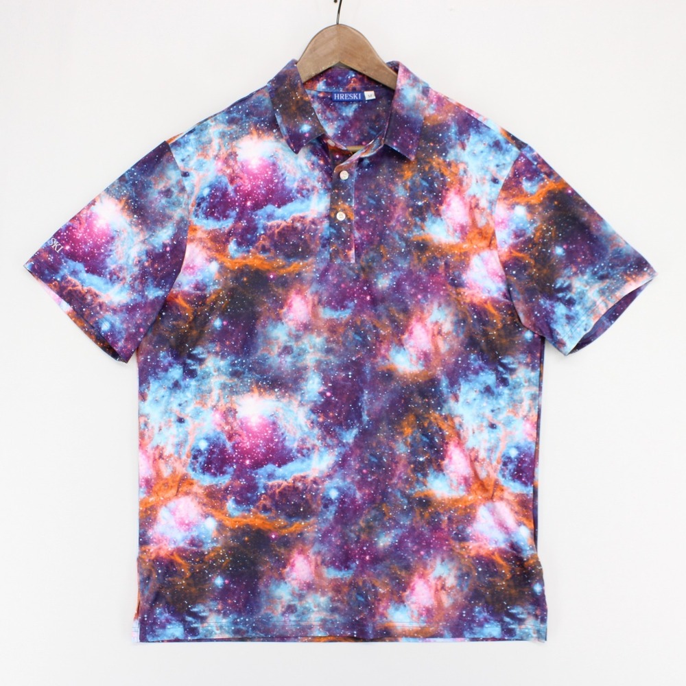 Hreski Polo Shirt Mens M Purple Galaxy Nebula Short Sleeve Performance Golf